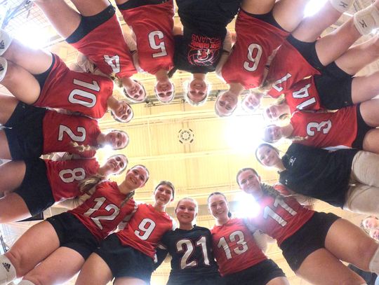 Members of the District champion Cedar Catholic Lady Trojan volleyball team are