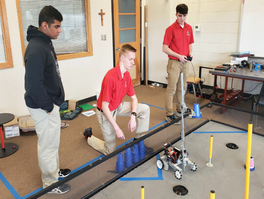 Nicholas Coleman, Christian Fiscus and Alex Christensen have been members of the Cedar Catholic robotics program for the 2022-23 season. The Cedar Bots ended their season at the FIRST Tech Challenge Western Iowa Super Qualifier Feb. 4 at Metropolitan Comm