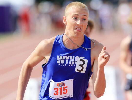 Wynot’s Chase Schroeder gives it his all during his 800-meter race. He finished the event in sixth place.