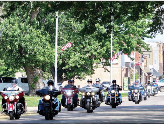 Members of the American Legion Riders head out of Laurel Saturday after conducting a ceremony at the cemetery honoring Gene Twiford, who was the man that got the Medal of Honor Hi ghway started in Nebraska. Sandra Cross | Laurel Advocate