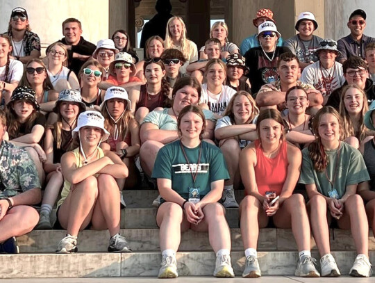 LCC students and chaperones gathered on the steps of the Jefferson Memorial in Washington DC for a group photo during their trip. Those taking part in the trip were: (back row) Kolten Settje, Walker Stone, Avery Stone, Carlie Kvols, Rena Rasmussen, Kyle R