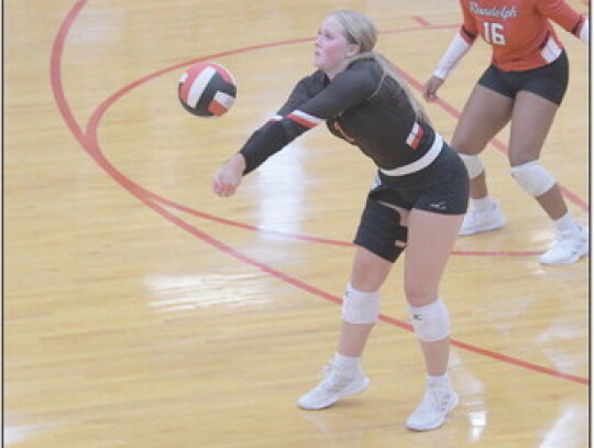 Ella Scott bumps the ball during action at the Jamboree Monday night hosted at Randolph. Jeri Schmit|Randolph Times