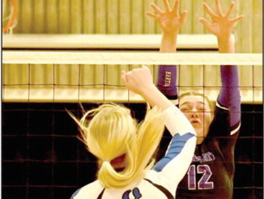 A solid defensive effort helped the Hartington-Newcastle Lady Wildcats pick up a four-set win over Bloomfield last Tuesday night in Hartington. The Lady Wildcats’ Zoey Gratzfeld (left) and McKenzie Bruning (right) led the team in blocking on the night. 