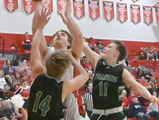 Cedar Catholic’s Jacob Steffen puts up a shot againt the Elkhorn Valley defense during action here last week. Kellyn Dump | Cedar County News