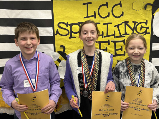 Fifth-grade winners at the LCC Spelling Bee for grades K-8 were: ReubenBadley,thirdplace;AizlynnKossler,secondplace;andTenlie Christiansen, first place.