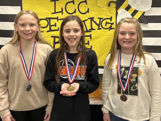 Fourth-grade winners at the LCC Spelling Bee for grades K-8 were: Myrtie McCorkindale, second place; Isabella Lawyer, first place; and Adelaide Clegg, third place.