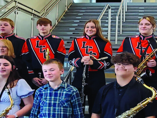 LCC Class C All State Band Members are (back) Derek Nelson, Shawn Grith, Preston Rose, Emma Sohler, Sam Cross, Christian Staples; (middle) LCC Band Director, Patti Beyeler; (front) Jolynn Kinkaid, Madyson Campbell, Nolan Nordby, Alex Allison and Paul Alli