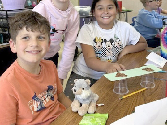 As part of the Purple Ribbon Kids program, Laurel-Concord-Coleridge students Micah Tasler. Claire Kvols and Charli Beck worked on a project to build a bridge made out of two plastic cups and a strip of paper that could hold 12 pennies.