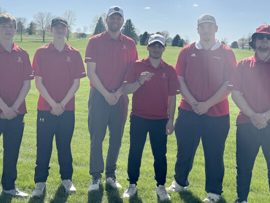 Randolph’s golf team (left) Logan Lienemann, Ryan Engel, Coach Rob Engel, Bryson Eledge, Aiden Gubbels and Shaw Backer pose for a picture after conference play Monday. At bottom left, the team follows Bryson Eledge for a playoff due to a three-way tie. 