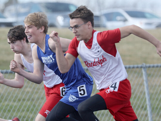 Jeremy Buss|Randolph Times Freshman Hunter McGhee gets off the block quick during action earlier in the track season. The Randolph track team competes at districts Wednesday in Hartington.