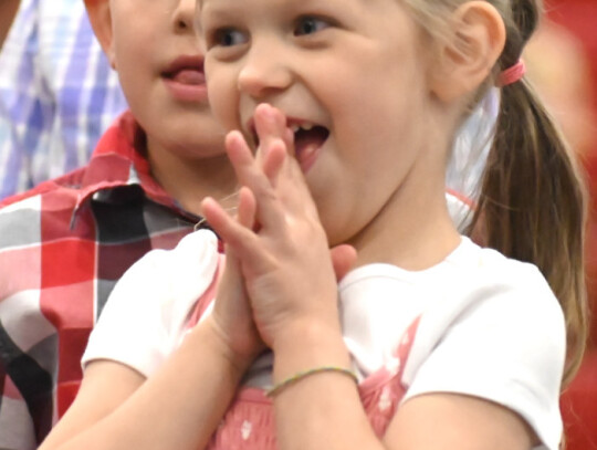 Holy Trinity preschooler Ingrid Krueger helps make animal sounds for the song 'Five Green and Speckled Frogs.' Rob Dump | Cedar County News