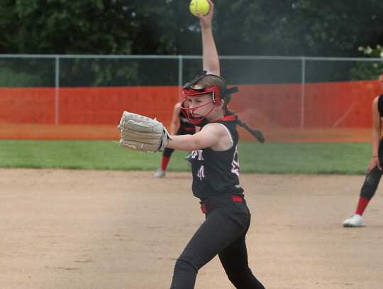 Randolph’s 10u softball team competed in the district tournament at Plainview Saturday. They ended the day tied for fifth place out of 11 teams, winning against Elgin and Battle Creek and losing to Plainview and O’Neill. Above, Sadie Reimers runs for 