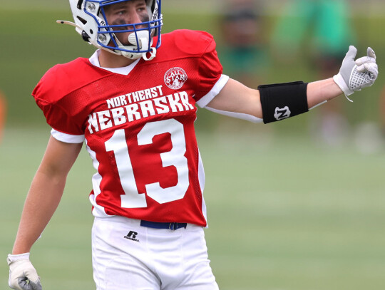 Wynot’s Carson Wieseler signals to the sidelines during action in Saturday’s All Star football game in Norfolk. Jeremy Buss | Cedar County News